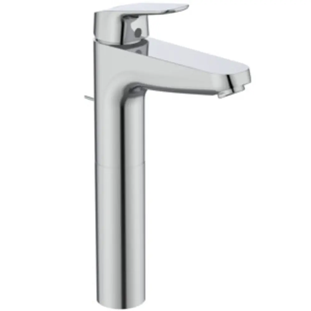 Waschtischarmatur aus verchromtem Material mit verlängertem Sockel, designed von Ideal Standard, präsentiert sich in einem modernen, funktionalen Stil.